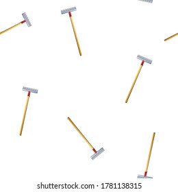 Line Garden rake icon isolated seamless pattern on white background. Tool for horticulture, agriculture and farming. Ground cultivator. Housekeeping equipment. Colorful outline concept. Vector.