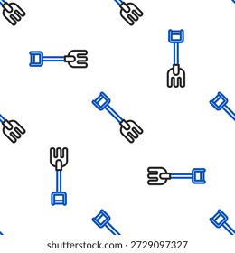 Line Garden Rake-Symbol einzeln, nahtloses Muster auf weißem Hintergrund. Werkzeug für Gartenbau, Landwirtschaft, Landwirtschaft. Bodenbearbeitungsmaschine. Haushaltsgeräte. Farbiges Umrisskonzept Vektorgrafik