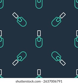 Line Garden trowel spade or shovel icon isolated seamless pattern on black background. Gardening tool. Tool for horticulture, agriculture, farming.  Vector