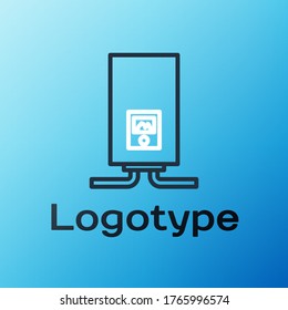 Line Gas boiler with a burning fire icon isolated on blue background. Colorful outline concept. Vector Illustration