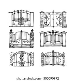 Line Gates in hand drawn style. Set of  cute gates vector illustration.  Fences and gates in doodle style. Hand drawn Double Fences and gates in cartoon style. 