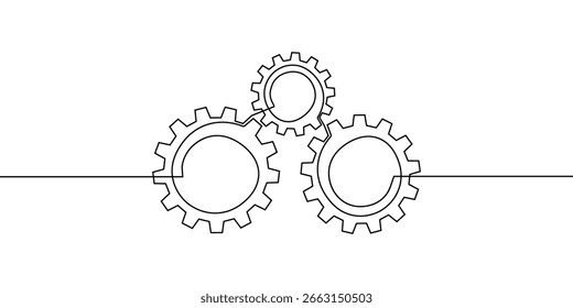 Línea de engranaje continuo de un icono de arte rueda de fábrica de negocios de trabajo de engranajes. Línea de engranaje contínuo esquema de Vector configuración de la rueda dentada de la computadora tecnología de dibujo de dibujo de ciencia de carrera máquina de fondo cerebral.