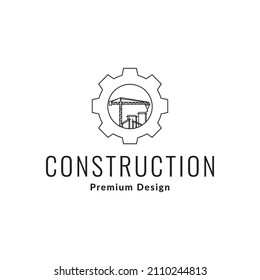 line gear service with building and crane logo design, vector graphic symbol icon sign illustration