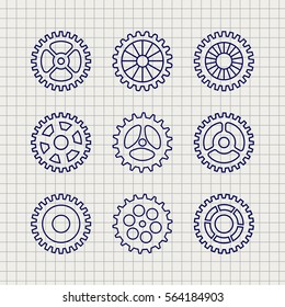 Line gears icon set on notebook background. Vector illustration
