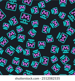 Line Genetic engineering modification on laptop icon isolated seamless pattern on black background. DNA analysis, genetics testing, cloning.  Vector