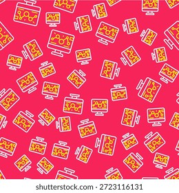 Línea Modificación de ingeniería genética en el icono del ordenador portátil aislado sin patrón sobre fondo rojo. Análisis de ADN, pruebas genéticas, clonación.  Vector