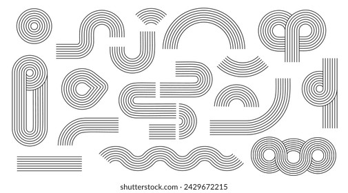 Line geometric arch and circle abstract shapes. Zen arch line stripes abstract shapes set. Modern aesthetic stripes and grids.