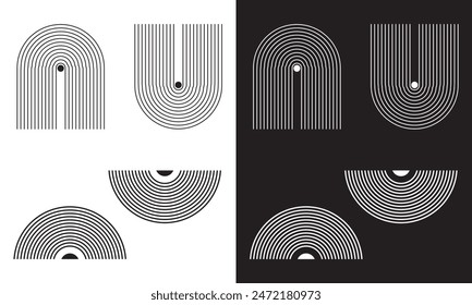 Line geometric arch and circle abstract shapes. Contemporary mid century line design set. isolated black and white background