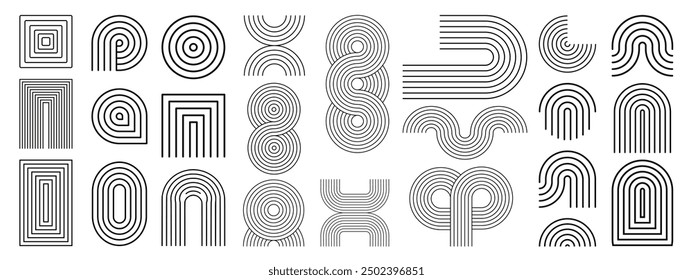 Arco geométrico de línea y Formas abstractas circulares. Conjunto contemporáneo de diseño de arco de línea de mediados de siglo.
