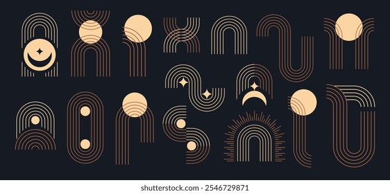 Line geometric arch and circle abstract shapes. Abstract minimal element mid century vector set. Aesthetic contemporary stripe line art, geometric shape, beige. For wall art, decoration, wallpaper.