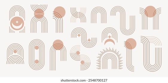 Line geometric arch and circle abstract shapes. Abstract minimal element mid century vector set. Aesthetic contemporary stripe line art, geometric shape, beige. For wall art, decoration, wallpaper.