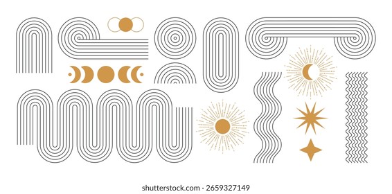 Linie geometrischen Bogen und Kreis abstrakte Formen.Moderne boho ästhetischen Streifen und Gitter.Sonne und Sterne.