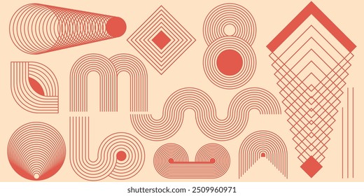 Conjunto de formas Boho com linha. Abstrato elemento de forma boho estética. Fundo texturizado boho estético abstrato com linha e listras. Formas geométricas minimalistas. Elemento de linha