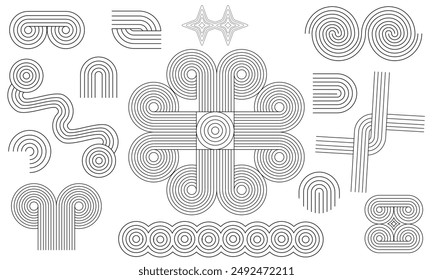 Line geometric arches and circle abstract shapes. Modern mid-century line design set featuring boho aesthetic stripes and grids. Bauhaus, Memphis, and Swiss design vector illustrations. Editable EPS10
