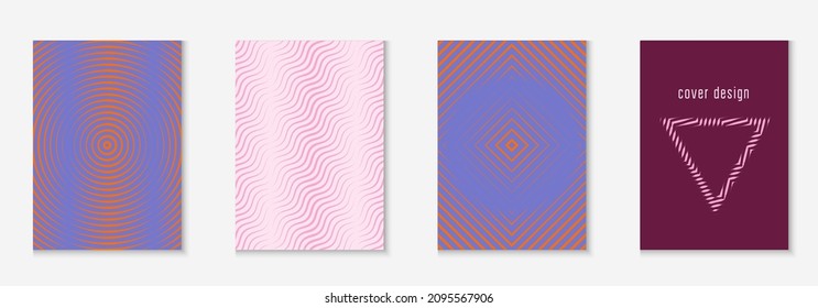Elementos geométricos de línea. Púrpura y rosa. Libro de Hipster, aplicación web, patente, simulación de volante. Elementos geométricos de línea en la plantilla de portada de moda minimalista.
