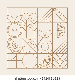 Line geometric mosaic seamless pattern illustration. Organic fruit vegetable geometric pattern. Natural food background creative simple bauhaus style, agriculture vector design. Healthy Food pattern