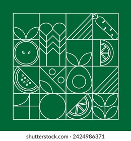 Ilustración de patrón sin costura de mosaico geométrico de línea. Patrón geométrico orgánico de frutas y verduras. Fondo de alimentos naturales estilo bauhaus simple creativo, diseño de vector de agricultura. Patrón de alimentos saludables