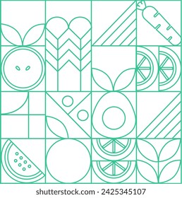 Ilustración de patrón sin costura de mosaico geométrico de línea. Patrón geométrico orgánico de frutas y verduras. Fondo de alimentos naturales estilo bauhaus simple creativo, diseño de vector de agricultura. Patrón de alimentos saludables