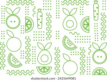 Line geometric mosaic seamless pattern illustration. Organic fruit vegetable geometric pattern. Natural food background creative simple bauhaus style, agriculture vector design. Healthy Food pattern