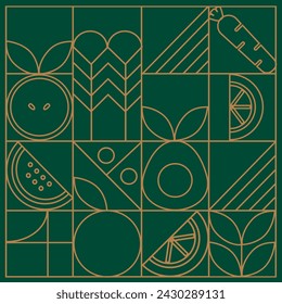 Line geometric mosaic seamless pattern illustration. Organic fruit vegetable geometric pattern. Natural food background creative simple bauhaus style, agriculture vector design. Healthy Food pattern