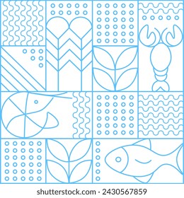 Ilustración de patrón sin costura de mosaico geométrico de línea. Patrón geométrico de pescado y marisco. Fondo de alimentos naturales simple creativo, diseño de vector de agricultura. Patrón de alimentos saludables