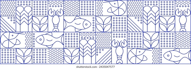 Line geometric mosaic seamless pattern illustration. Fish and seafood geometric pattern. Natural food background creative simple, agriculture vector design. Healthy Food pattern, Web banner. 