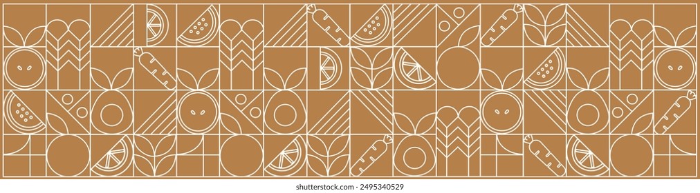 Ilustración de patrón sin costura de mosaico geométrico de línea. Patrón geométrico orgánico de frutas y verduras. Fondo de comida natural estilo bauhaus simple creativo, diseño de Vector de agricultura. Patrón de alimentos saludables