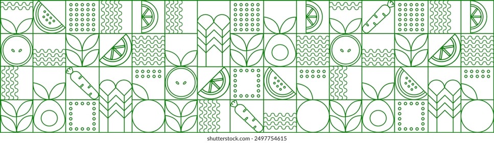 Line geometric mosaic seamless pattern illustration. Organic fruit vegetable geometric pattern. Natural food background creative simple bauhaus style, agriculture vector design. Healthy Food pattern