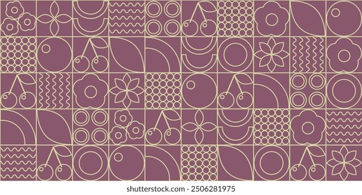 Line geometric mosaic seamless pattern cherry berry. Organic fruit vegetable geometric pattern. Natural organic flower plant shapes, eco-farming. Bauhaus pattern abstract geometric.