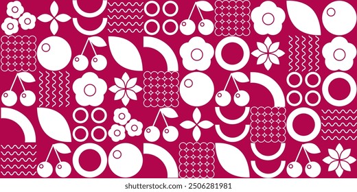 Line geometric mosaic seamless pattern cherry berry. Organic fruit vegetable geometric pattern. Natural organic flower plant shapes, eco-farming. Bauhaus pattern abstract geometric.