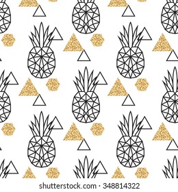 Line geometric pineapple and gold shimmer dot shapes seamless vector pattern. Low poly fruit abstract background for print, textile fabric, invitation card and wall decor. 