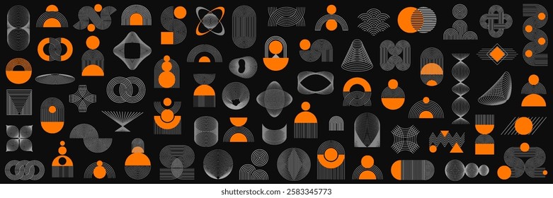 Line geometric shapes set, aesthetic contemporary line art, minimalist geometric shape decoration, brutalism, y2k, boho, elements and forms, trendy modern minimalist style design - vector