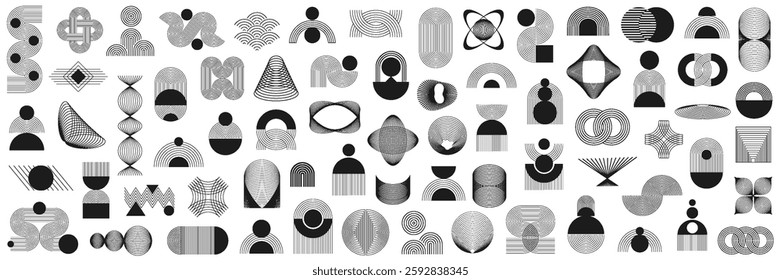 Line geometric shapes set, aesthetic contemporary line art, minimalist geometric shape decoration, brutalism, y2k, boho, elements and forms, trendy modern minimalist style design