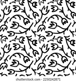 Patrón sin soldadura de tulipanes geométricos de línea. Formas de flores abstractas con pinceladas gruesas. Ornamento de flores de estilo naïf. Patrón botánico de motivos retro o vintage. Ornamento vectorial textil. 