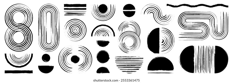 Line geometric zen arc and circle shape with black ink brush texture. Hand drawn paint. Trendy vector illustration for print, wall decor or cover.