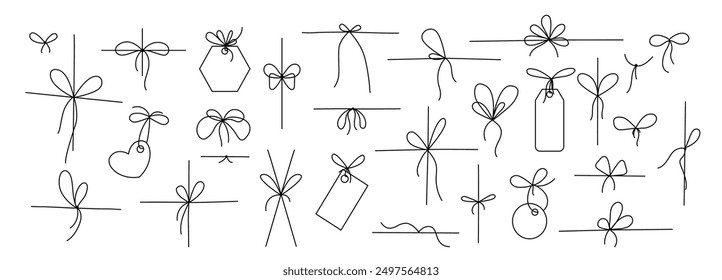 Line gift bow. Thin twine for gift parcel wrap, black line rope cord with simple knot and bow ribbons, price tags for birthday or Christmas present package decoration. Vector doodle nodes set.