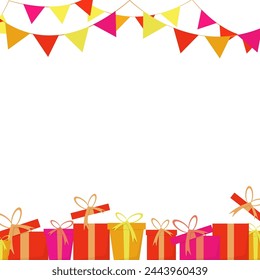 A line of gift boxes and a holiday garland. Border of gift boxes. Place for text.