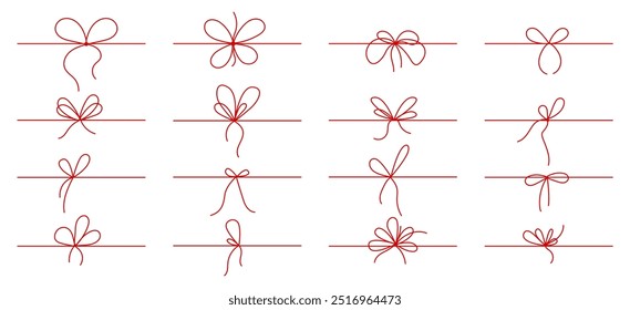 Line gift ribbon border. Red bow gift ribbons minimal line set. Elegant holiday packaging, festive present. Outline frame border sketch. Hand drawn doodle stroke isolated vector illustration