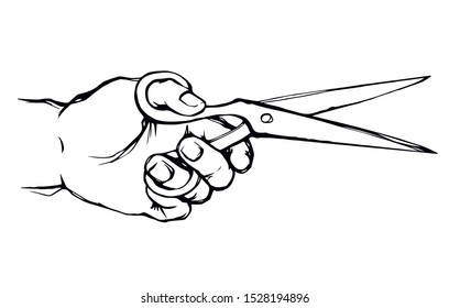 Line girl arm service big steel clip handle snip on light backdrop. Outline black ink drawn old surgery doctor crop logo concept design in retro art doodle style pen on paper text space. Close up view