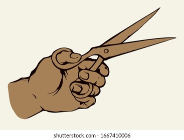 Line girl arm service big steel clip handle snip on light backdrop. Outline black ink drawn old surgery doctor crop logo concept design in retro art doodle style pen on paper text space. Close up view