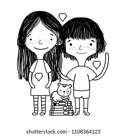 line girl and boy together with cat in the books