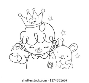 line girl with corwn and cute mouse kawaii