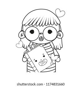 line girl with glasses and kawaii happy book