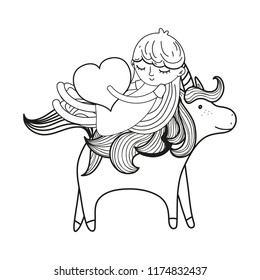 line girl with heart riding cute unicorn