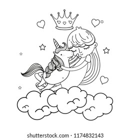line girl hugging unicorn in the clouds with crown and hearts