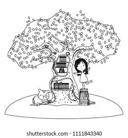 line girl playing with books inside tree and cat
