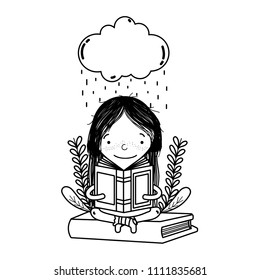 line girl reading book and cloud raining