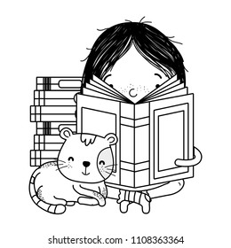 line girl sitting and reading book with cat animal