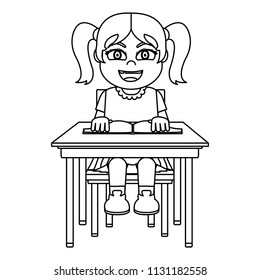 line girl sitting school chair with a book