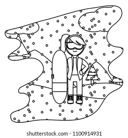 line girl with skiing board in the winter weather
